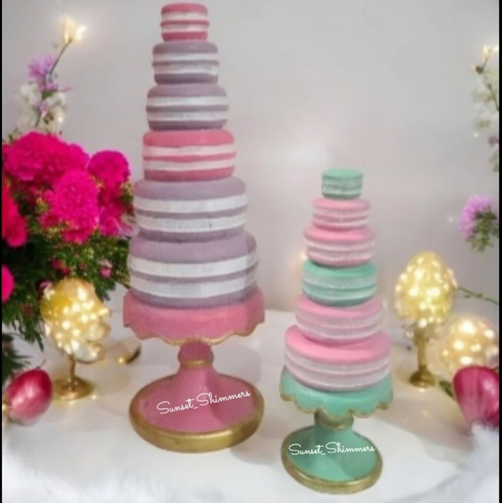 2pc Set Spring Easter Pastel Faux Macaron Tree on Pedestal Sugared Topiary Pink